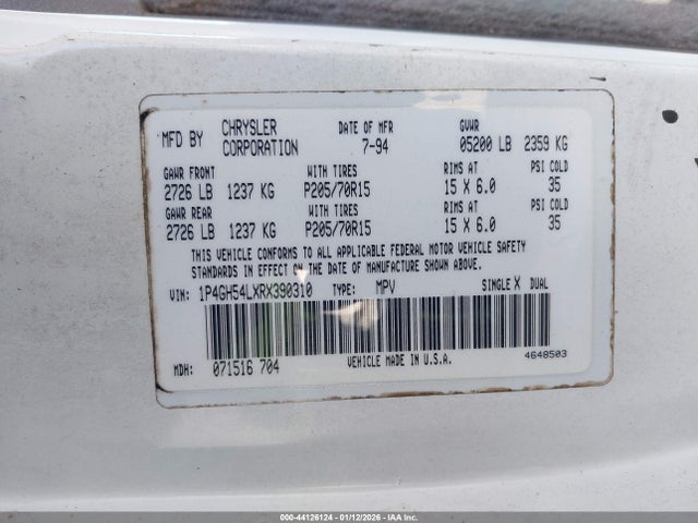 Aukcja sprzedaży 1994 Plymouth Grand Voyager Le, vin: 1P4GH54LXRX390310, numer aukcji: 44126124