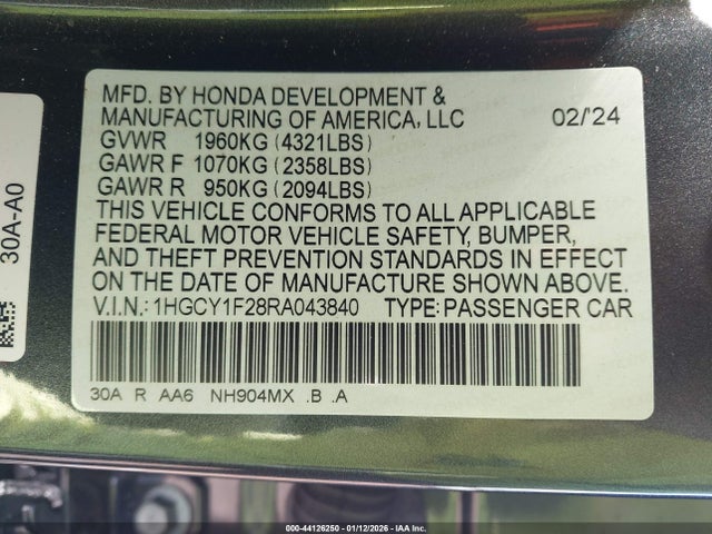 1HGCY1F28RA043840 Honda ACCORD LX
