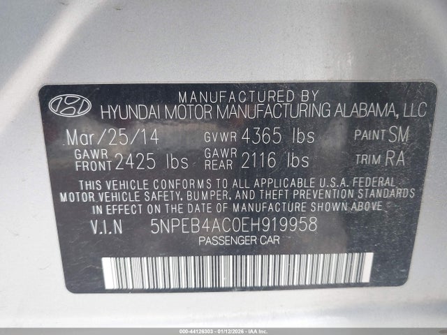 5NPEB4AC0EH919958 Hyundai SONATA GLS