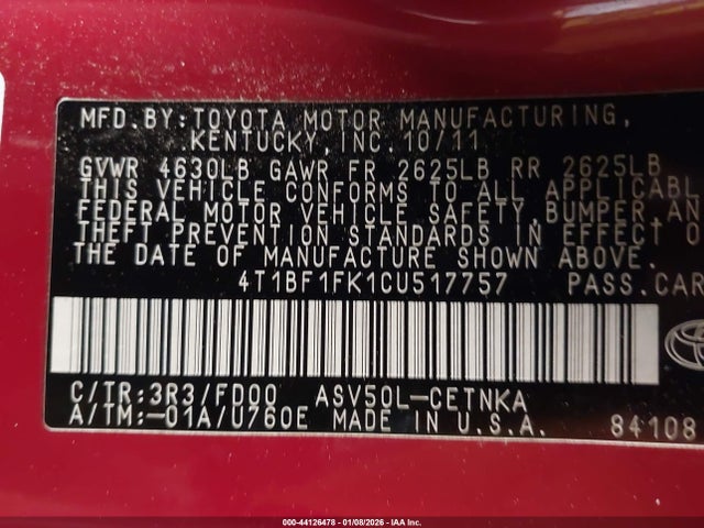 44126478 :رقم المزاد ، 4T1BF1FK1CU517757 vin ، 2012 Toyota Camry Le مزاد بيع