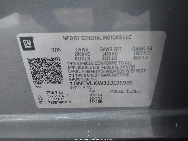 1GNEVLKW3JJ198988 Chevrolet Traverse 1fl