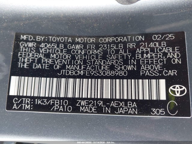 JTDBCMFE9S3088980 Toyota Corolla Hybrid Le