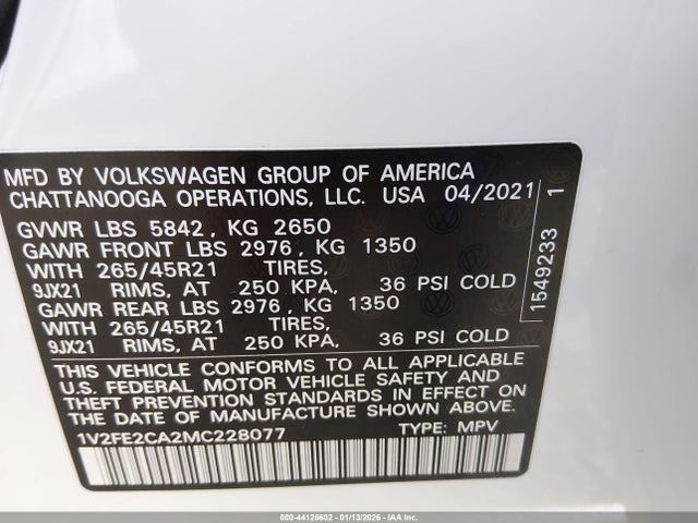 2021 Volkswagen Atlas Cross Sport 3.6l V6 Sel Premium R-line მანქანა იყიდება აუქციონზე, vin: 1V2FE2CA2MC228077, აუქციონის ნომერი: 44126602