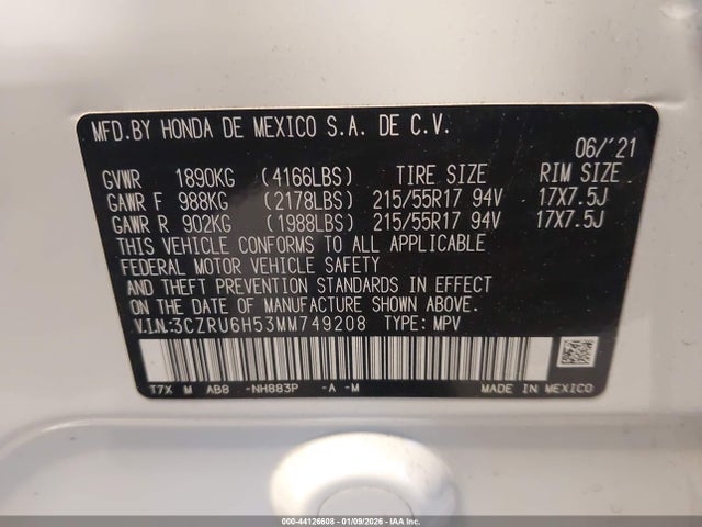 3CZRU6H53MM749208 Honda Hr-v Awd Ex
