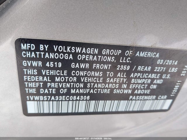 44126727 :رقم المزاد ، 1VWBS7A33EC084306 vin ، 2014 Volkswagen Passat 1.8t Se مزاد بيع