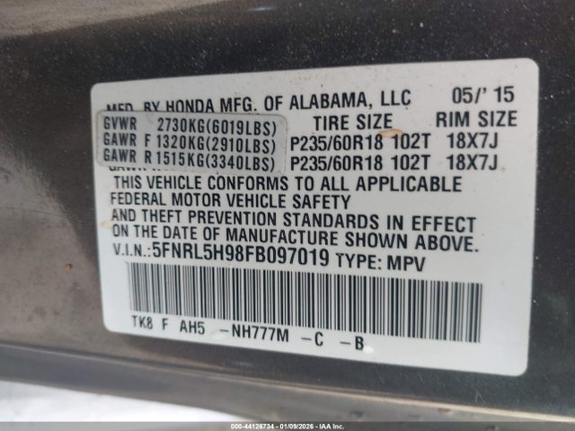 Aukcja sprzedaży 2015 Honda Odyssey Touring/touring Elite, vin: 5FNRL5H98FB097019, numer aukcji: 44126734