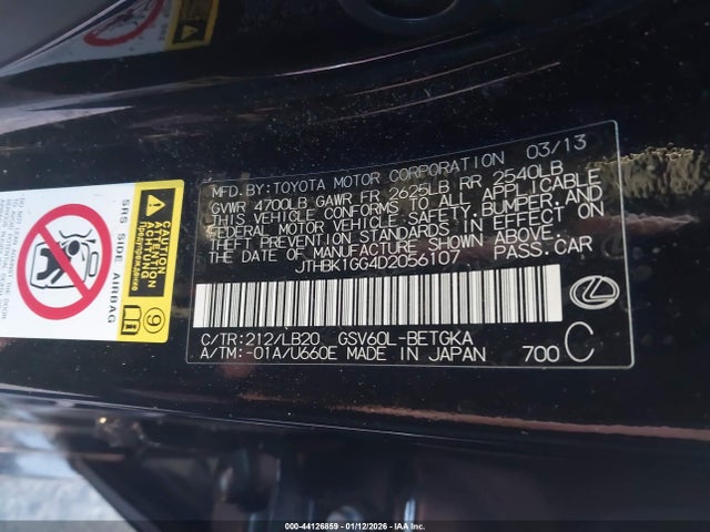 44126859 :رقم المزاد ، JTHBK1GG4D2056107 vin ، 2013 Lexus Es 350 مزاد بيع