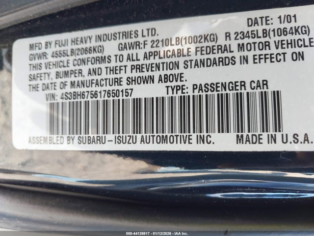 2001 Subaru Outback მანქანა იყიდება აუქციონზე, vin: 4S3BH675617650157, აუქციონის ნომერი: 44126917