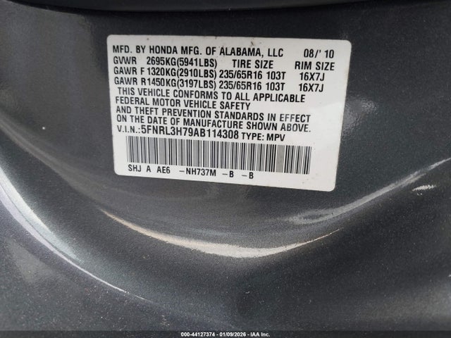 44127374 :رقم المزاد ، 5FNRL3H79AB114308 vin ، 2010 Honda Odyssey Exl مزاد بيع