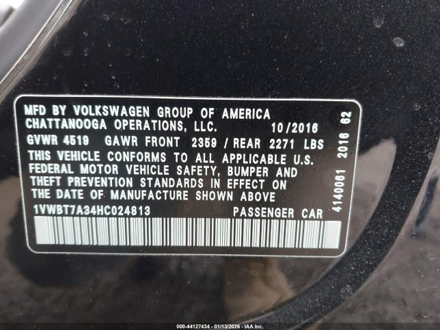 44127434 :رقم المزاد ، 1VWBT7A34HC024813 vin ، 2017 Volkswagen Passat 1.8t Se مزاد بيع