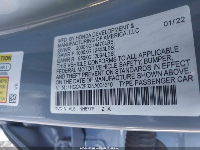 Aukcja sprzedaży 2022 Honda Accord Sport 2.0t, vin: 1HGCV2F32NA004310, numer aukcji: 44127547