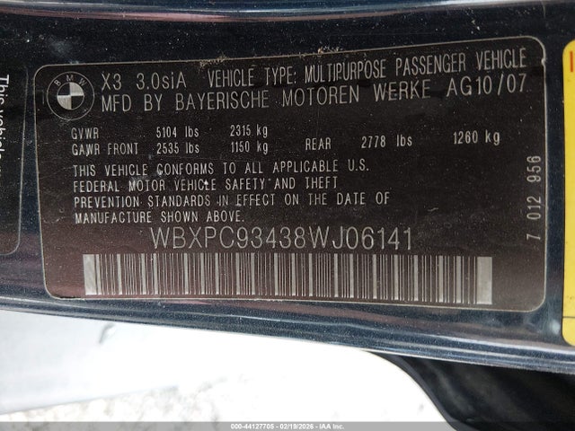 44127705 :رقم المزاد ، WBXPC93438WJ06141 vin ، 2008 Bmw X3 3.0si مزاد بيع