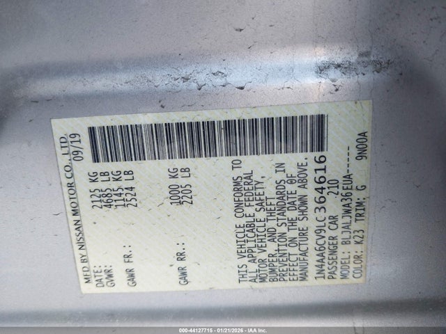 Продаж на аукціоні авто 2020 Nissan Maxima Sv, vin: 1N4AA6CV9LC364616, номер лоту: 44127715