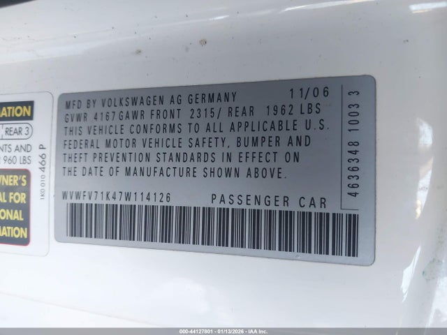 Aukcja sprzedaży 2007 Volkswagen Gti 2-door/fahrenheit, vin: WVWFV71K47W114126, numer aukcji: 44127801