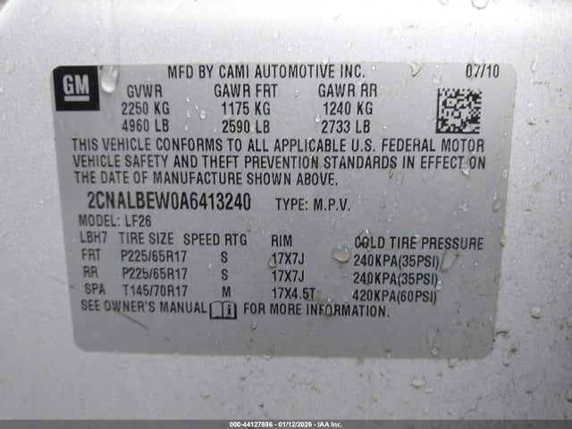 44127886 :رقم المزاد ، 2CNALBEW0A6413240 vin ، 2010 Chevrolet Equinox Ls مزاد بيع