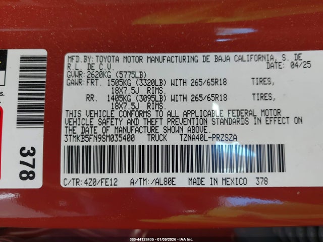 3TMKB5FN9SM035400 Toyota Tacoma Trd Sport 2wd