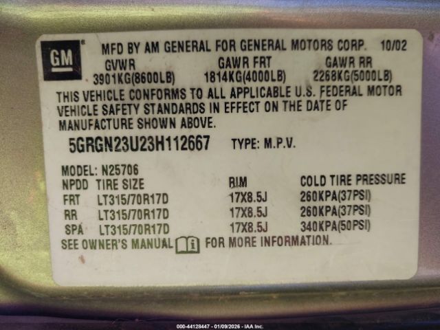 2003 HUMMER H2 5GRGN23U23H112667 Photo 8