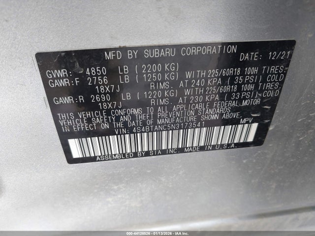 44128526 :رقم المزاد ، 4S4BTANC5N3173541 vin ، 2022 Subaru Outback Limited مزاد بيع