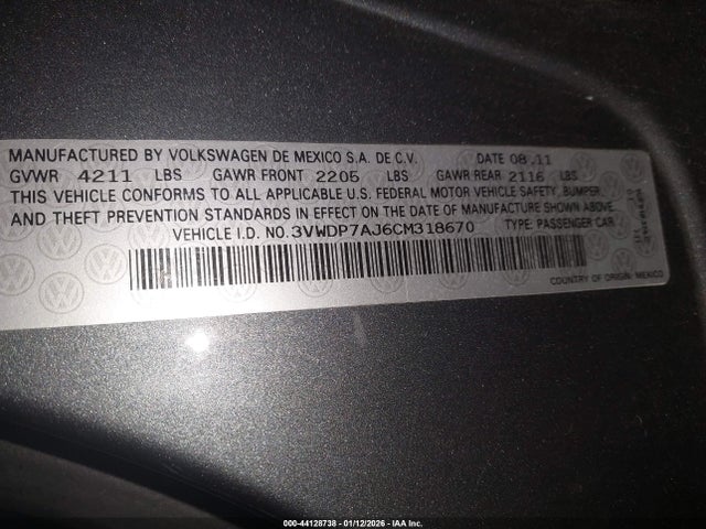 Aukcja sprzedaży 2012 Volkswagen Jetta 2.5l Se, vin: 3VWDP7AJ6CM318670, numer aukcji: 44128738