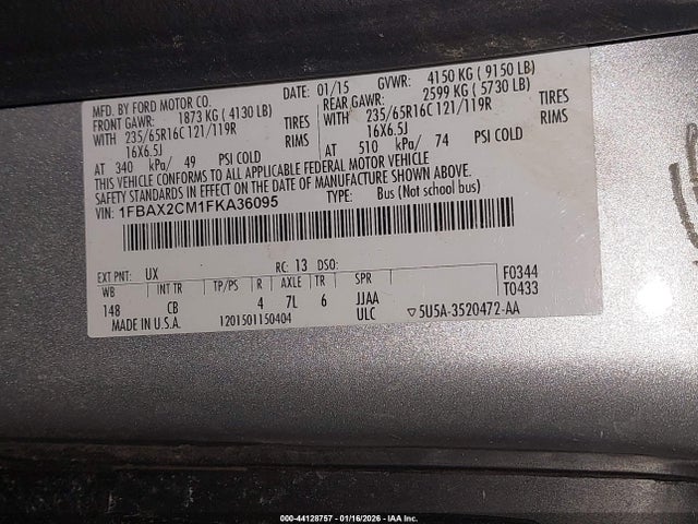 2015 Ford Transit T-350 მანქანა იყიდება აუქციონზე, vin: 1FBAX2CM1FKA36095, აუქციონის ნომერი: 44128757
