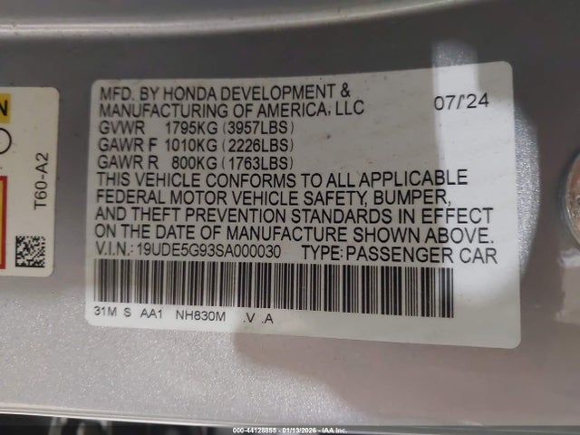44128855 :رقم المزاد ، 19UDE5G93SA000030 vin ، 2025 Acura Integra Type S مزاد بيع