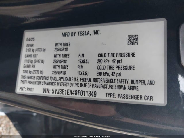 Продаж на аукціоні авто 2025 Tesla Model 3 Long Range Rear-wheel Drive/standard Rear-wheel Drive, vin: 5YJ3E1EA4SF011349, номер лоту: 44129097