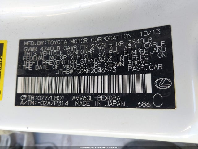 44129121 :رقم المزاد ، JTHBW1GG8E2046573 vin ، 2014 Lexus Es 300h مزاد بيع