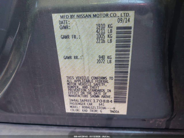 2015 Nissan Altima 2.5 S მანქანა იყიდება აუქციონზე, vin: 1N4AL3AP4FC170884, აუქციონის ნომერი: 44129143
