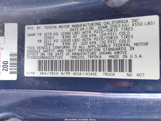 2006 Toyota Tacoma მანქანა იყიდება აუქციონზე, vin: 5TENX22N66Z257193, აუქციონის ნომერი: 44129193