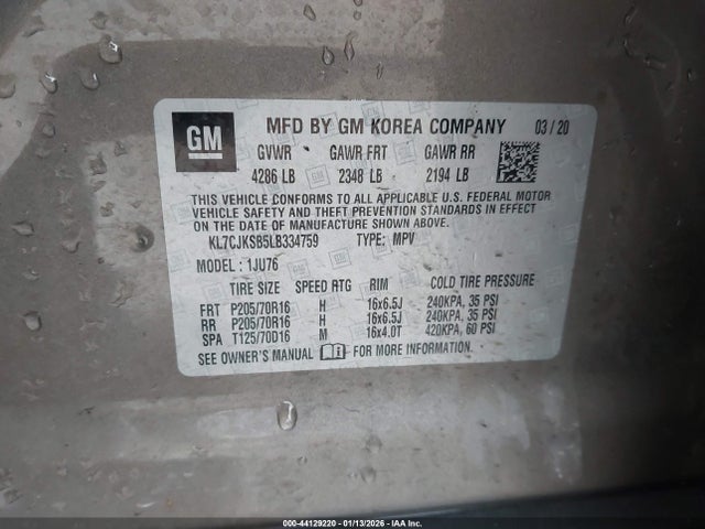 KL7CJKSB5LB334759 Chevrolet Trax Fwd Ls