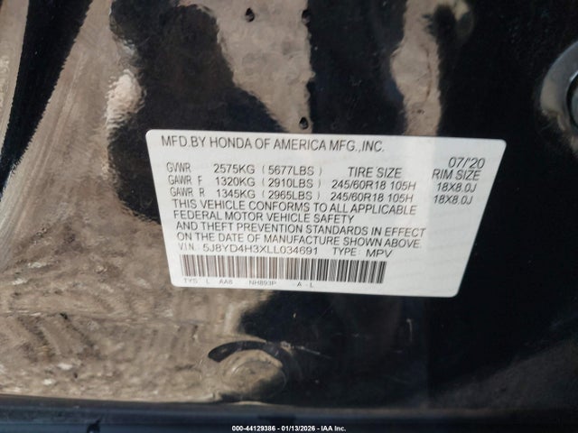 44129386 :رقم المزاد ، 5J8YD4H3XLL034691 vin ، 2020 Acura Mdx Standard مزاد بيع