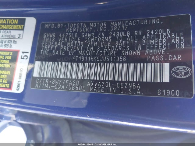 4T1B11HK9JU511956 Toyota CAMRY LE