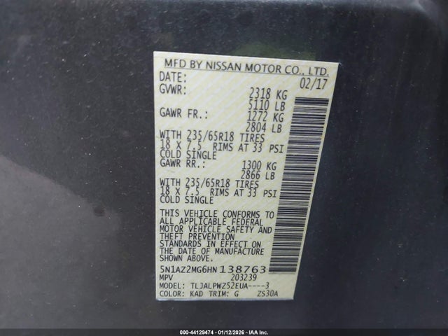5N1AZ2MG6HN138763 Nissan MURANO S