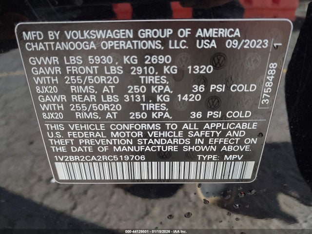1V2BR2CA2RC519706 Volkswagen Atlas 2.0t Sel