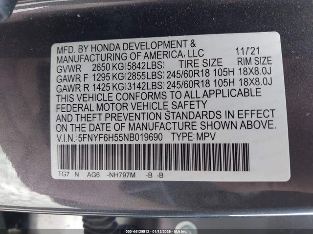 44129512 :رقم المزاد ، 5FNYF6H55NB019690 vin ، 2022 Honda Pilot Awd Ex-l مزاد بيع