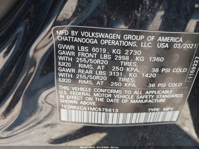 Aukcja sprzedaży 2021 Volkswagen Atlas 3.6l V6 Se W/technology R-line, vin: 1V2RR2CA1MC575613, numer aukcji: 44129534