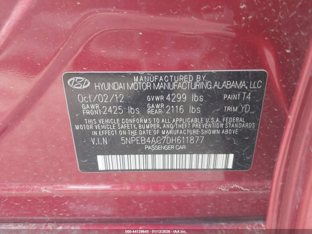Продажа на аукционе авто 2013 Hyundai Sonata Gls, vin: 5NPEB4AC7DH611877, номер лота: 44129640