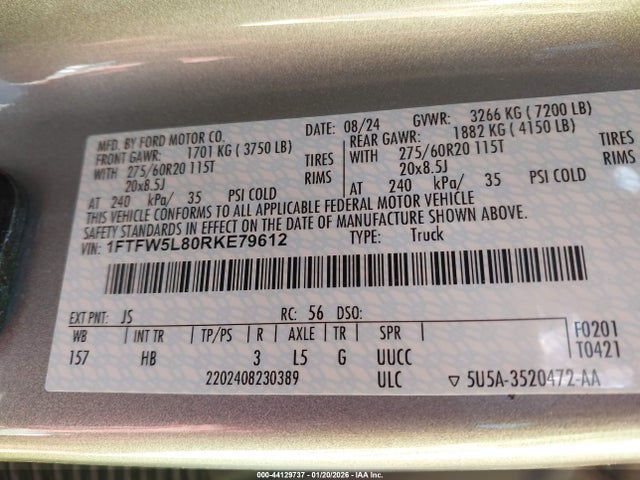 1FTFW5L80RKE79612 Ford F-150 Lariat