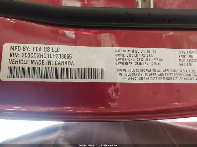 Продажа на аукционе авто 2020 Dodge Charger Gt Rwd, vin: 2C3CDXHG1LH238665, номер лота: 44129845