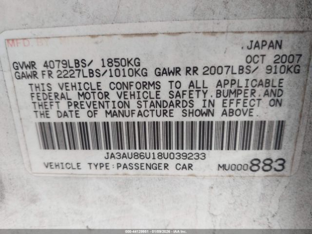 2008 MITSUBISHI LANCER JA3AU86U18U039233 Photo 8