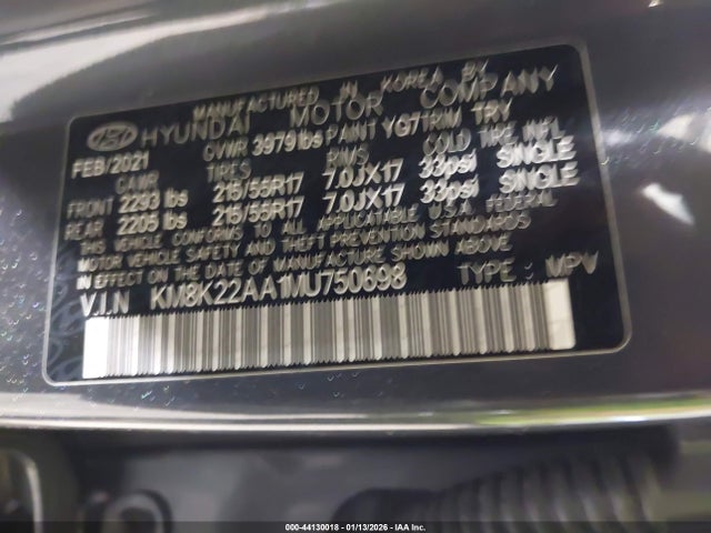 44130018 :رقم المزاد ، KM8K22AA1MU750698 vin ، 2021 Hyundai Kona Sel مزاد بيع