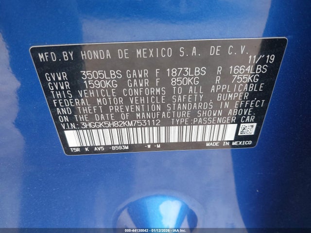 3HGGK5H82KM753112 Honda FIT EX