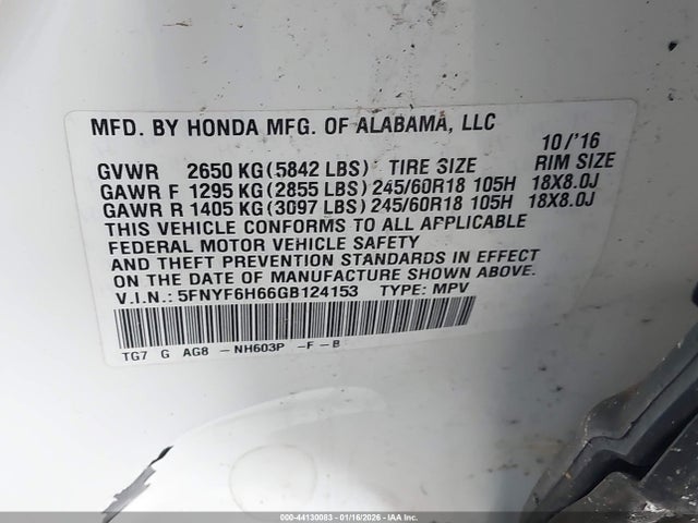 5FNYF6H66GB124153 Honda Pilot Ex-l
