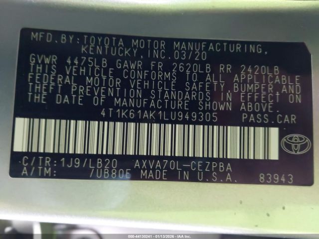 2020 TOYOTA CAMRY 4T1K61AK1LU949305 Photo 8