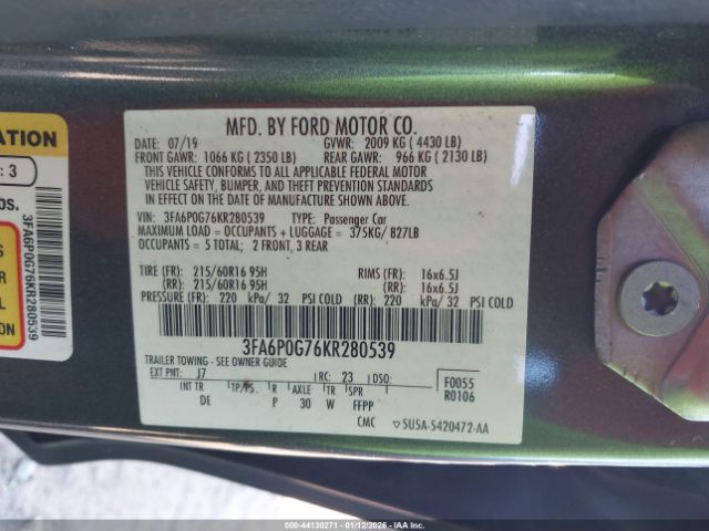2019 FORD FUSION 3FA6P0G76KR280539 Photo 8
