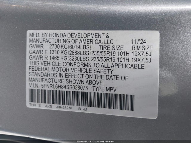 Aukcja sprzedaży 2025 Honda Odyssey Touring, vin: 5FNRL6H84SB028075, numer aukcji: 44130372