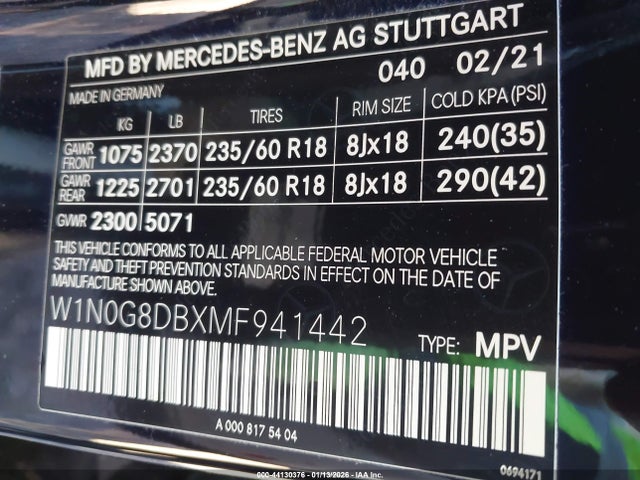 44130376 :رقم المزاد ، W1N0G8DBXMF941442 vin ، 2021 Mercedes-benz Glc 300 Suv مزاد بيع