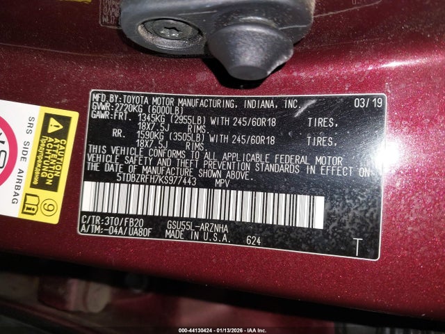 2019 TOYOTA HIGHLANDER 5TDBZRFH7KS977443 Photo 8