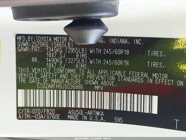 5TDZARFH9JS036886 Toyota Highlander Le