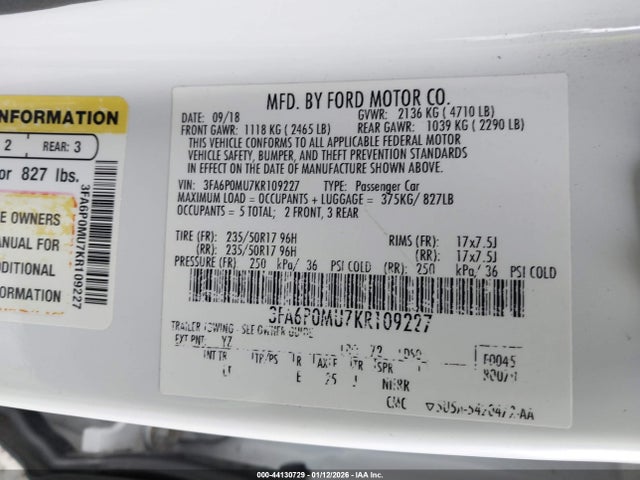 2019 FORD FUSION HYBRID 3FA6P0MU7KR109227 Photo 8